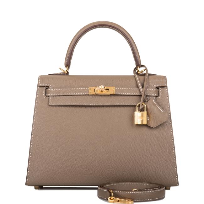 Hermes Kelly Etoupe Epsom Sellier 25cm Gold Hardware Brown Leather Satchel
