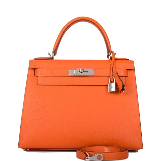 Hermes Kelly Feu Epsom Sellier 28cm Palladium Hardware Orange Leather Satchel