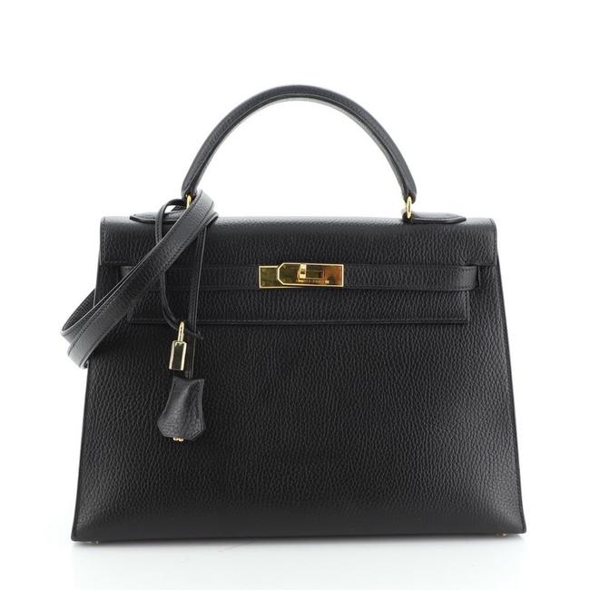 Hermes Kelly Handbag Ardennes with Gold Hardware 32 Noir Black Leather Tote