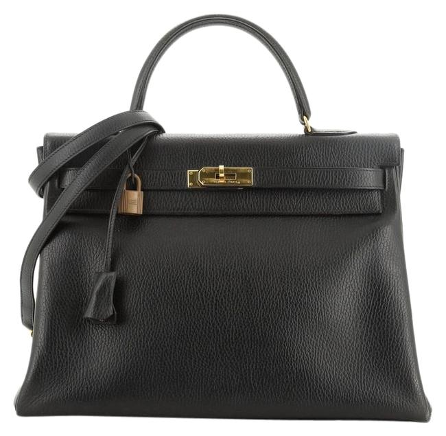Hermes Kelly Handbag Ardennes with Gold Hardware 35 Noir Black Leather Tote