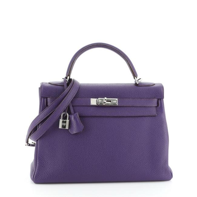 Hermes Kelly Handbag Togo with Palladium Hardware 32 Iris Purple Leather Tote
