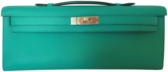 Hermes Kelly Paris Cut Swift Palladium Hardware Bleu Paon Calfskin Leather Clutch