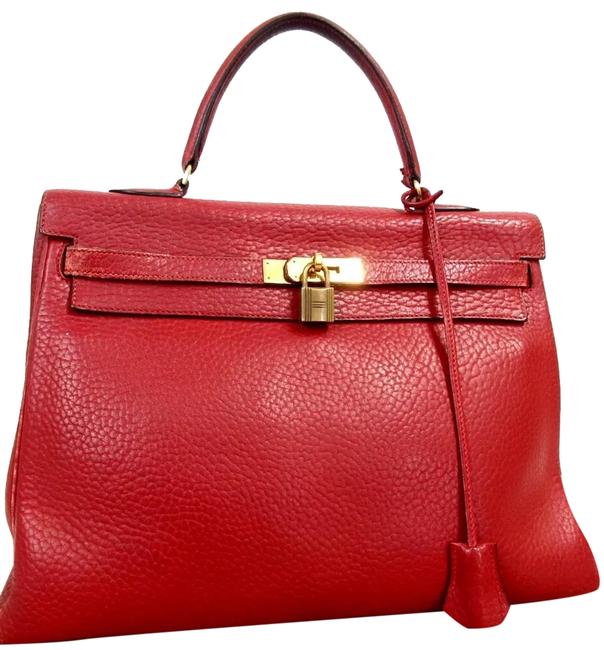 Hermes Kelly Red Burgundy Leather Satchel