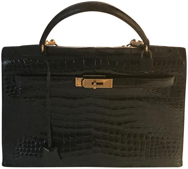 Hermes Kelly Shiny Black Crocodile Skin Leather Satchel