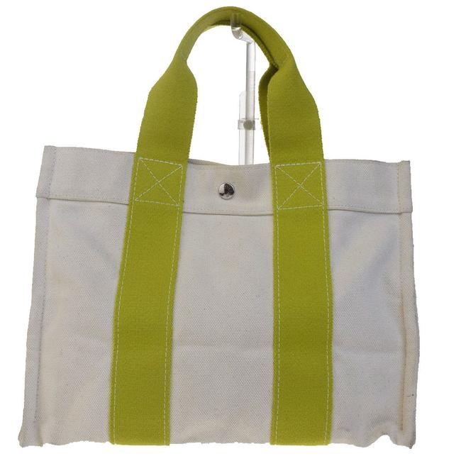 Hermes Bag Logos Bora Bora Hand Ivory Green Cotton Tote