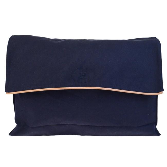 Hermes Logos France Navy Blue Cotton Leather Clutch