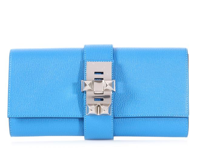 Hermes Medor 23 Chevre Bleu Hydra Blue Goat Skin Leather Clutch