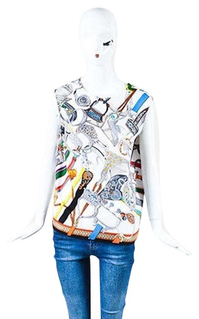Hermes Multi color Buckle Printed Back Tie Sl Blouse 