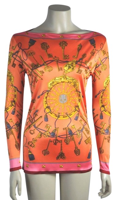 Hermes Multi Color Orange Brown Red Gold Key Print Longsleeve Blouse 
