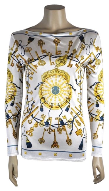 Hermes Multicolor White Yellow and Blue Key Print Long Sleeve Blouse 