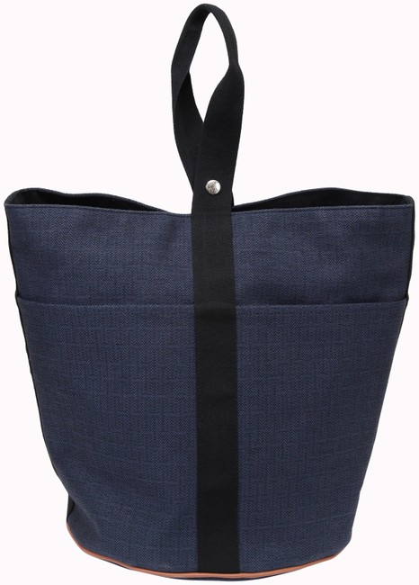 Hermes Navy Black Sac De Plage Gm Cotton Shopper Blue Leather Tote