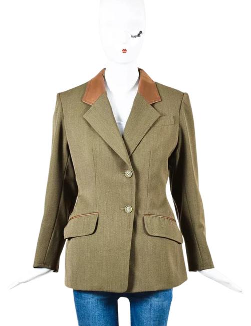 Hermes Olive Luggage Brown Leather Trim Wool Jacket Blazer