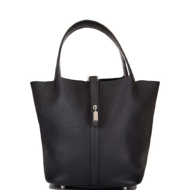 Hermes Picotin Matte AlligatorClemence "Touch" 22cm Black Leather Satchel