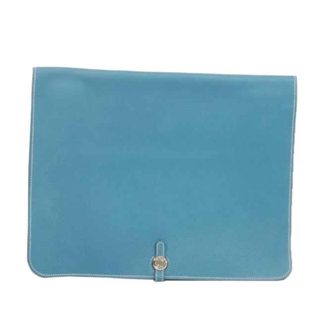 Hermes Portfolio Togo Dogon Blue Leather Clutch