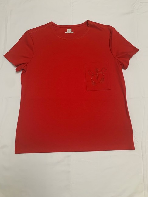Hermes Red Embroidered Pocket T shirt Tee Shirt 