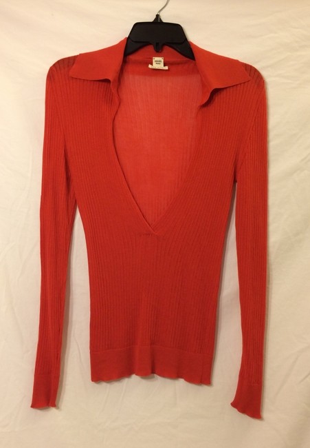 Hermes Red Orange Collared V neck Longsleeve Ribbed Tee Shirt 