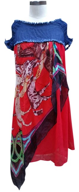 Hermes Red Silk &amp; Denim Boatneck High low Short Casual Dress 