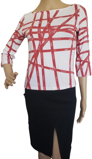 Hermes Red XL White Multicolor Loho Bodluc Print Blouse 