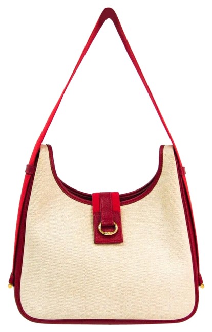 Hermes Sako Womens Off whiteRed Toile HLeather Shoulder Bag
