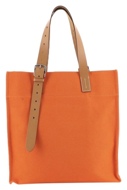 Hermes Shopping Etriviere Toile And Orange Canvas Plain Leather Tote