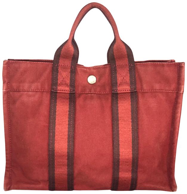 Hermes Tote Bag Tout Fourre Pm Hand Purse Red Canvas Satchel