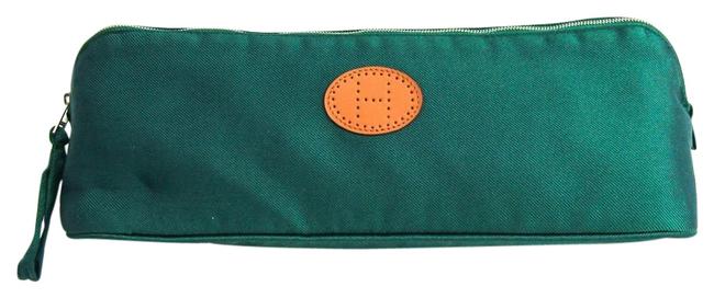 Hermes Verza Unisex Pouch BrownGreen CottonSilk Clutch