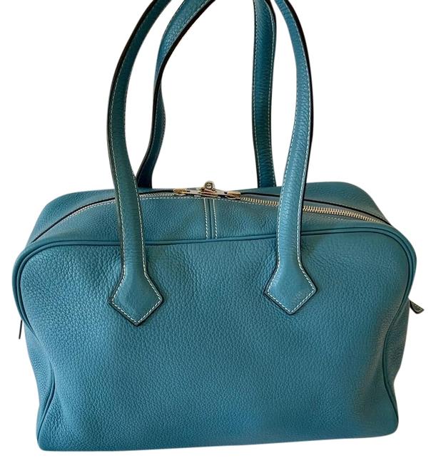 Hermes Victoria 38cm Elan Clemence Jean Pebble Blue Leather Satchel