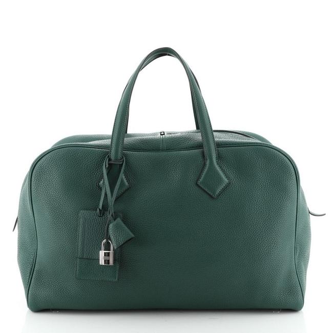 Hermes Victoria Travel Clemence 43 Green Leather Satchel