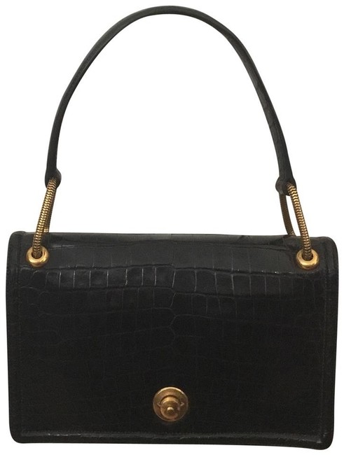 Hermes Vintage Croc Piano Black Crocodile Skin Leather Shoulder Bag