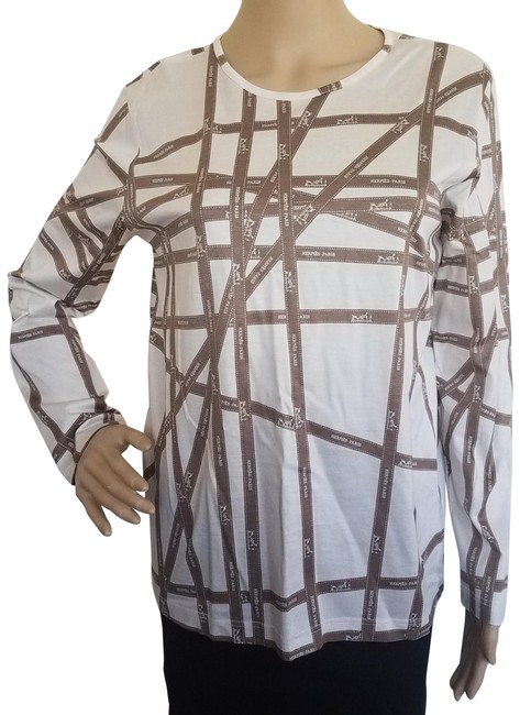 Hermes White Brown Jersey Monogram Printed Long Sleeve Blouse 