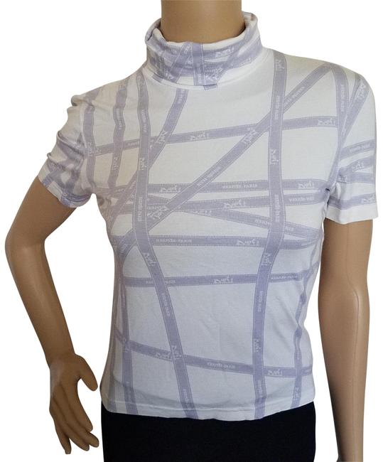 Hermes White Purple Lavender Bolduc Logo Printed Short Sleeve Blouse 