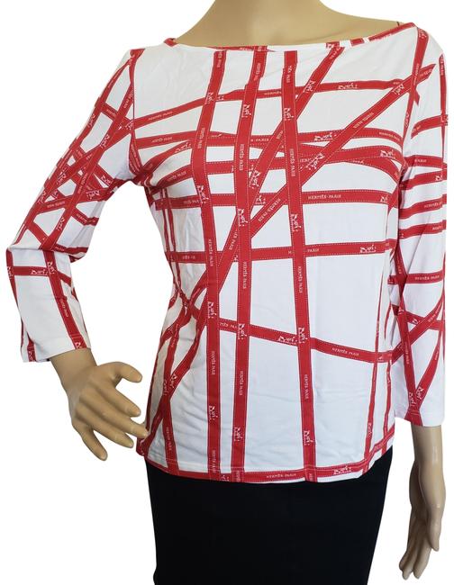 Hermes White Red XL Bolduc Motif Longsleeve Blouse 