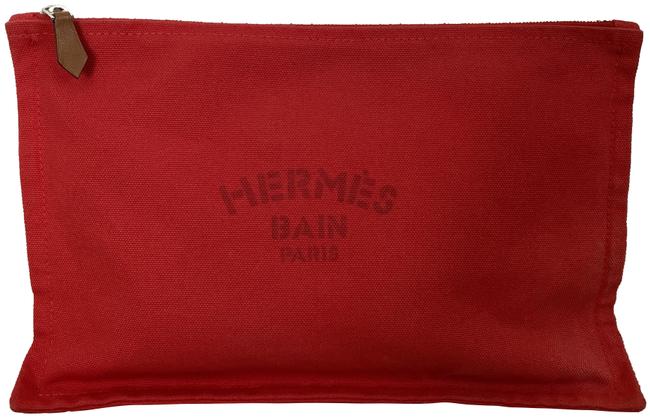Hermes Bain Paris Flat Yachting Pouch Logo Print Zip Red Canvas Clutch