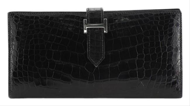 Hermes Bearn Wallet Shiny Long Black Alligator Skin Leather Clutch