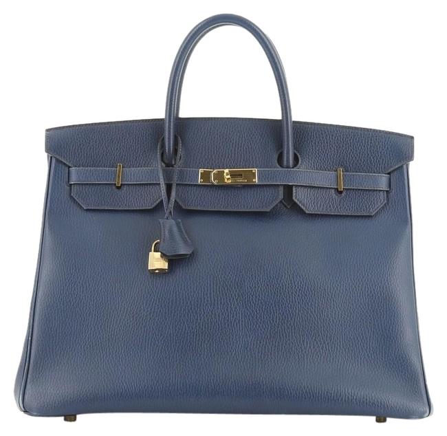 Hermes Birkin Handbag Ardennes with Gold Hardware 40 Blue Leather Satchel