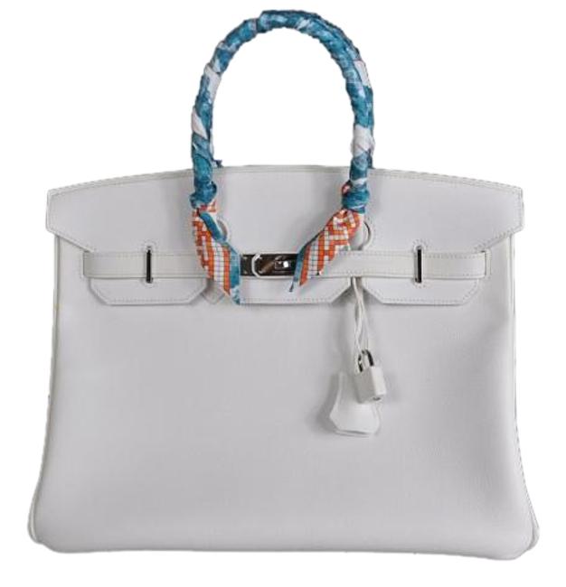 Hermes Birkin Handbag Twilly 35cm Palladium Hardware White Leather Satchel