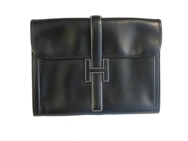 Hermes Box Jige Black Calf Leather Clutch