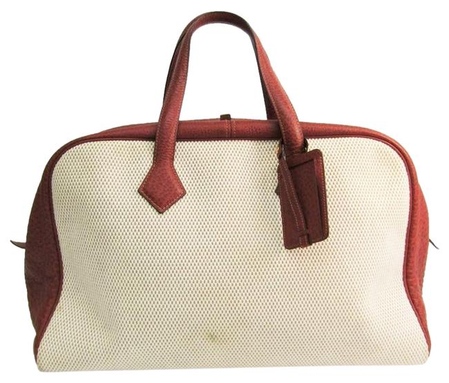 Hermes Boston Bag Victoria 43 Unisex Beige / Brown Canvas / Leather Satchel