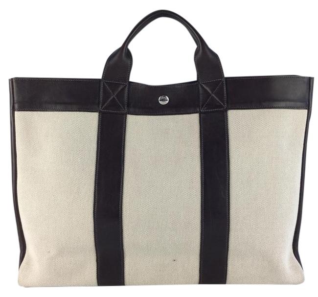 Hermes Briefcase White and Brown Canvas Leather Tote