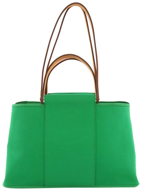 Hermes Cabas Elan Toile and 39 Green Leather Tote