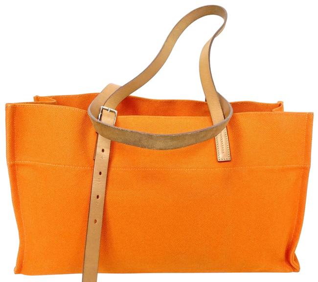 Hermes Etriviere Elan Brown Leather Square Q Orange Canvas Tote