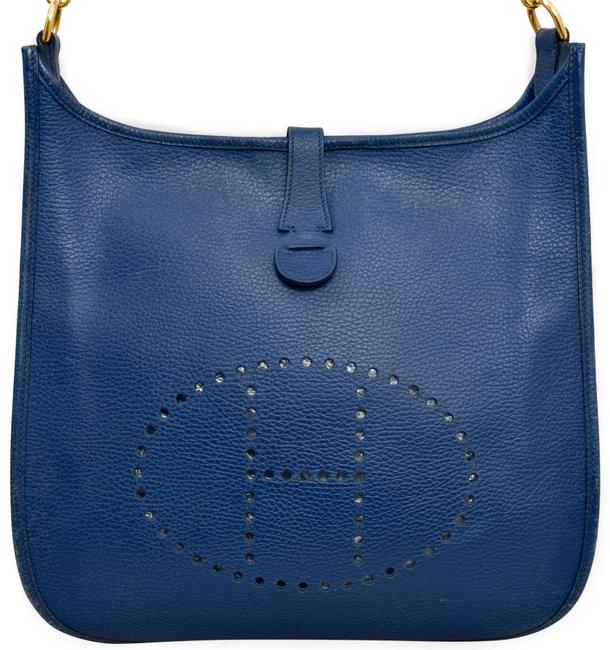 Hermes Evelyne 12.75" Inch Gm Midnight Blue Pebbled Leather Shoulder Bag