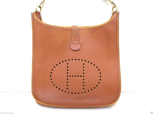 Hermes Evelyne Gm Brown Leather Canvas Shoulder Bag