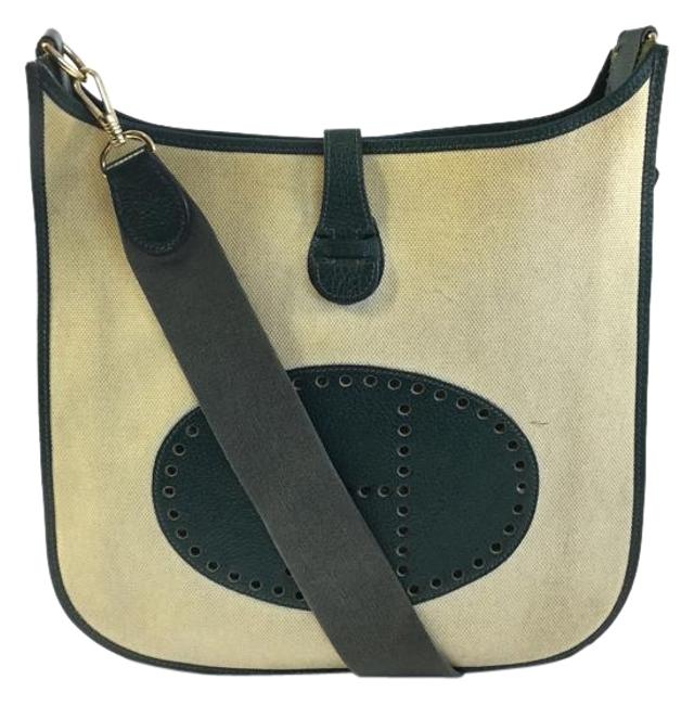 Hermes Evelyne Gm Natural/Green Canvas Leather Shoulder Bag
