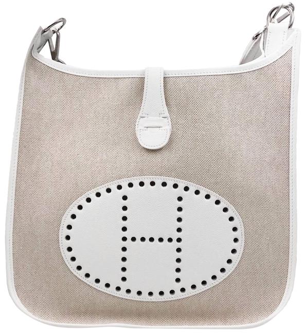 Hermes Evelyne Gm White Beige Leather Canvas Cross Body Bag