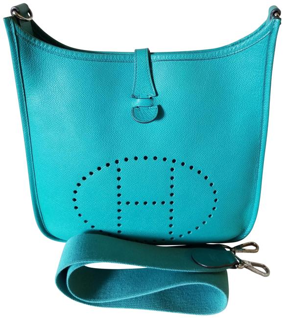 Hermes Evelyne Mm Palladium Hardware Blue Paon Epsom Leather Cross Body Bag