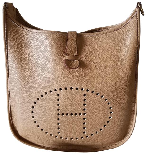 Hermes Evelyne Mm Tabac Gold Hardware Beige Clemence Leather Cross Body Bag