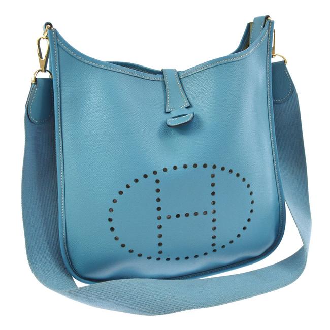 Hermes Evelyne Pm Blue Leather/Canvas Cross Body Bag