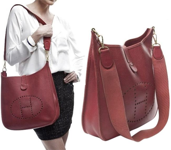 Hermes Crossbody Evelyne Hobo Pm Burgundy Leather Perforated Shoulder Bag