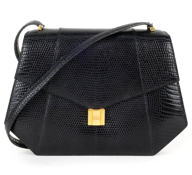 Hermes Evening Black Lizard Skin Leather Shoulder Bag